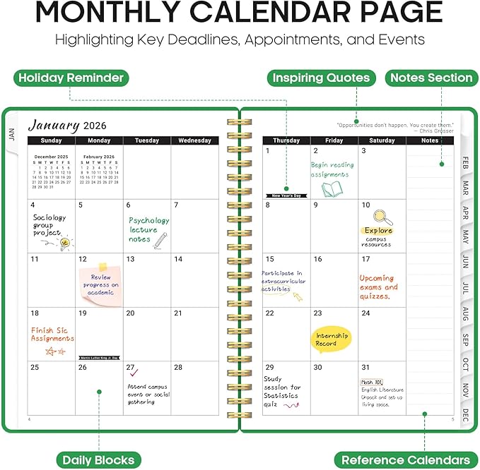 2026 Planner, Weekly and Monthly Calender Planner, Jan 2026 to Dec 2026, Hardcover 2026 Calendar Planner Book with Tabs & Inner Pocket, Office Home School Supplies for Women & Men - A5 (6.3" x 8.5"), Racing Green