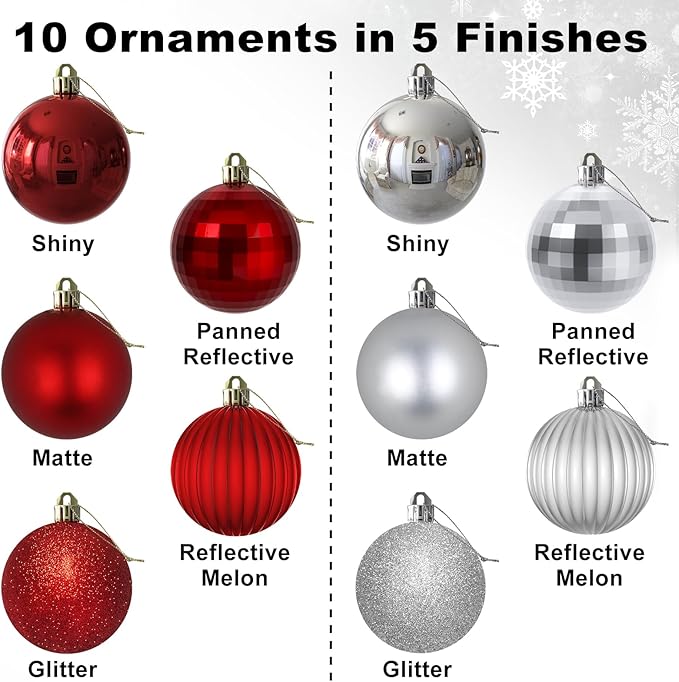 Silver & Red 3.2" Large Christmas Balls - Christmas Tree Decoration Ornaments Shatterproof Hanging Balls for Birthday Halloween Holiday Wedding Decorations Set of 10pcs