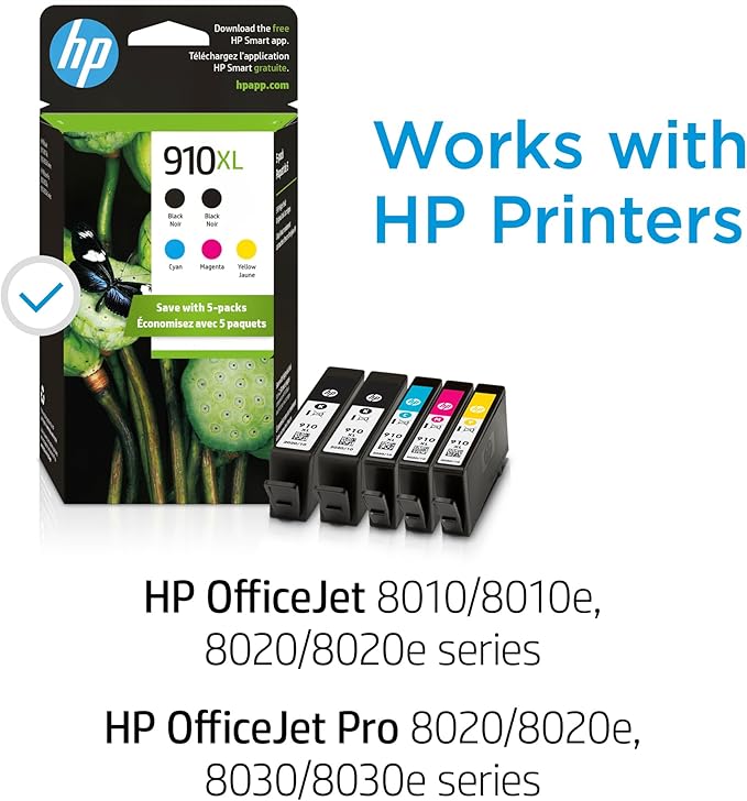 HP Original 910XL Black, Cyan, Magenta, Yellow High-Yield Ink Cartridges (5-Pack) | Works OfficeJet 8010, 8020 Series OfficeJet Pro 8020, 8030 Series | Eligible for Instant Ink | 6ZA58AN