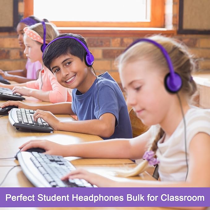 Yunsailing 30 Pack Class Set Headphones for Students Bulk School Headsets Earphones with 3.5mm Jack Classroom Must Haves Teacher Supplies for Adults Laptop Computer(Purple)