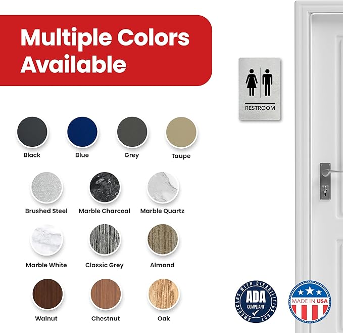 Promot Unisex Bathroom Sign – ADA Braille Restroom Sign for Business, Self-Adhesive, 9" x 6", Commercial Door Signage, Office Wall Decor - Brushed Steel