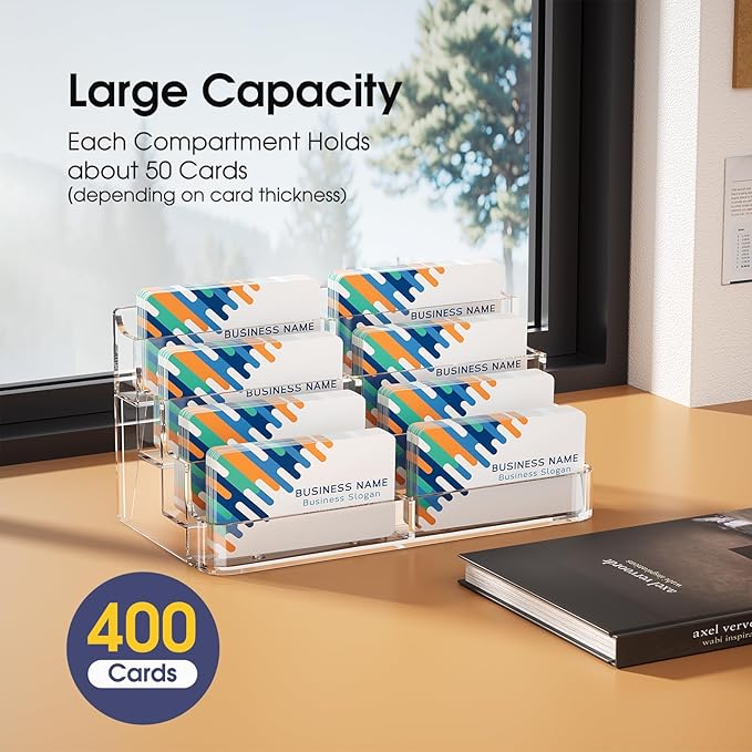 MaxGear Acrylic Business Card Holder for Desk Multiple Business Card Holders, Premium Cards Stand, Clear Plastic Cards Display Holder with 4 Tier for Exhibition, Home and Office, 8 Pocket, 4 Pack
