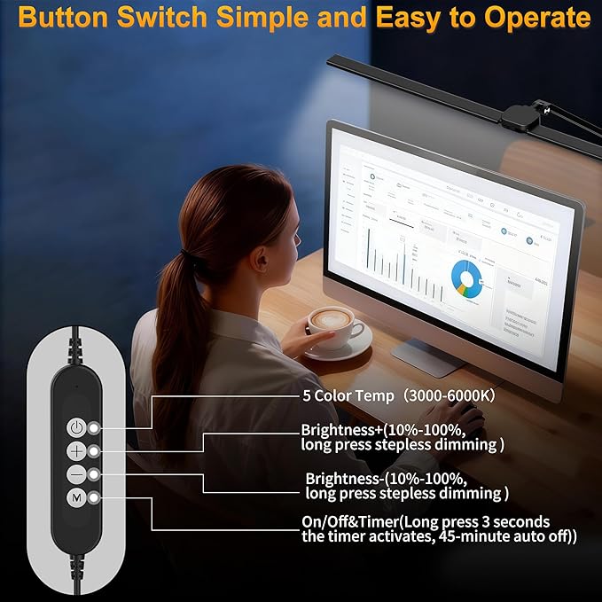LED Desk Lamp for Office Home, 31.5" Architect Desk Light with Clamp Dual Screen Computer Monitor, 15W 5 Color X 10 Brightness Levels Table Lamp for Reading, Study, 1000LM Bright, Memory Function