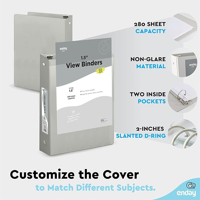 3 Ring Binder 1.5 Inch Grey, 1 ½ inch Binder Clear View Cover with 2 Inside Pockets, Colored School Supplies Office and Home – by Enday