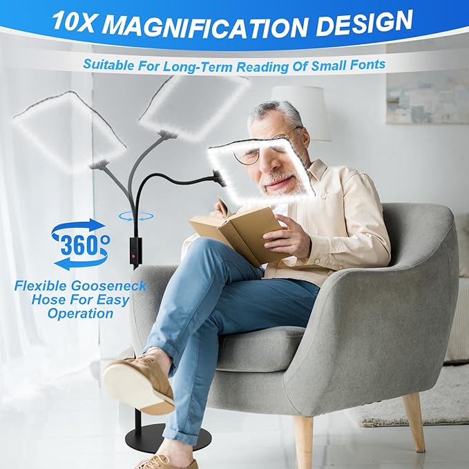 10X Magnifying Glass, with Light and Stand, 3 Light Modes Rechargeable Floor Magnifying,Suitable for Reading, Sewing, Crafts, DIY, Embroidery, Close Work. Magnifiers for Seniors