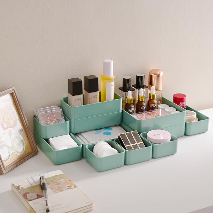 CHANCETSUI 11-Piece Stackable Drawer Organizer Set, Multi-size Desk Drawer Organizer Trays Vanity Storage Bins for Storing Makeup, Stationery, Utensils in Bathroom Dresser, Office and Kitchen