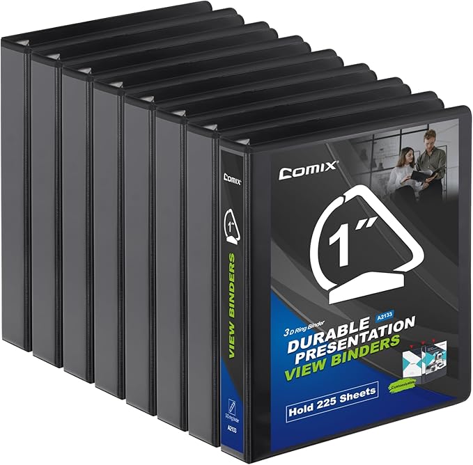 Comix Sturdy 3-Ring-Binder 1-inch D Ring Binders Hold 225 Sheets of 8.5" x 11" Paper, 8 Pack (Black)