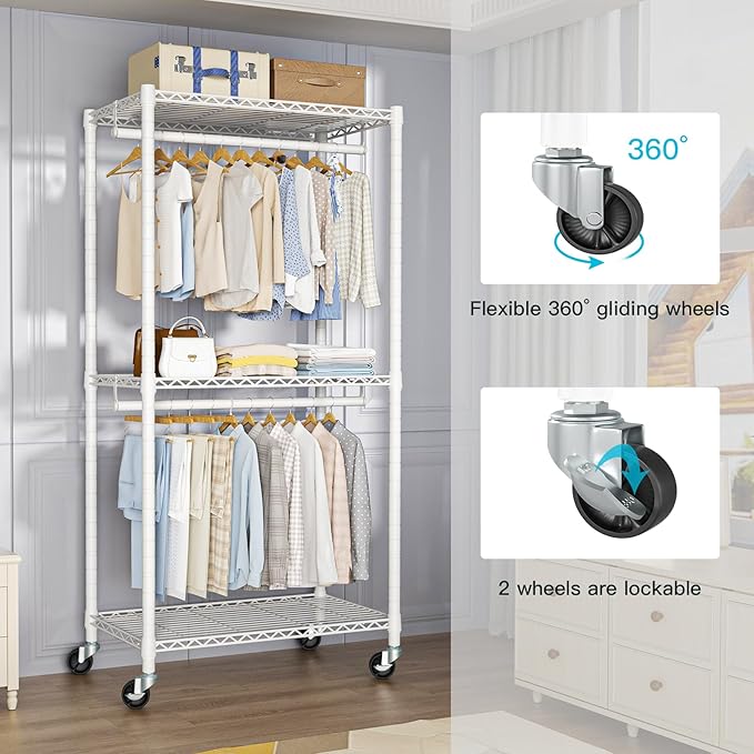P1 Medium Heavy-Duty Portable Closet, 30" W x 14" D x 76" H, Metal Rolling Clothing Rack, White