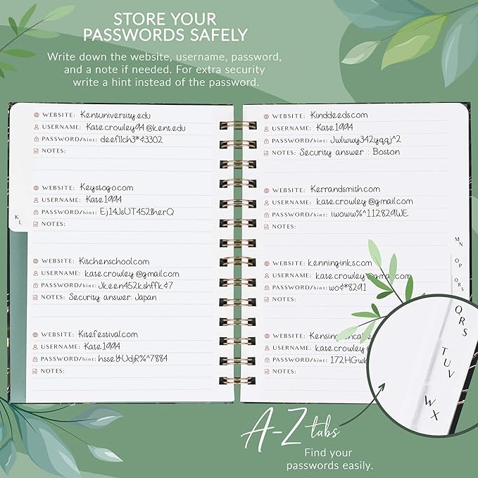PLANBERRY Password Book Premium – Alphabetized Internet Address Organizer with A-Z Tabs – Website & Computer Password Keeper with Alphabetical Tabs – 6.2x7.7″, Hardcover (Green Pastures)