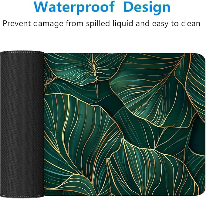 Green Leaves Desk Mat Gaming Mouse Pad Gold Tropical Palm Leaves Large Gaming Mouse Mat with Stitched Edges,Non-Slip Waterproof Rubber Base Mous Mat Office Computer Keyboard Laptop Home 31.5"x11.8"
