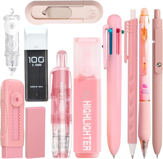 11 Pcs Cute Stationery Set Kawaii Office School Supplies Including Gel Pens Erasable Pens 6-in-1 Multicolor Ballpoint Pens Highlighters Mechanical Pencil Erasers Correction Tape Utility Knife (Pink)
