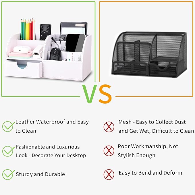 KINGFOM Pu Leather Desk Organizer Pen Pencil Holder Office Supplies Caddy Storage Box 6 Compartments with Drawer White (Full Pu Leather)