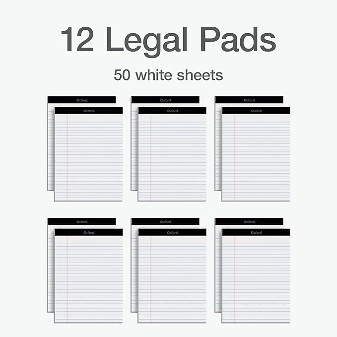Oxford 8.5 x 11.75 Legal Pads, 12 Pack, Wide Ruled, White Paper, 50 Sheets Per Writing Pad, Made in the USA (74030)