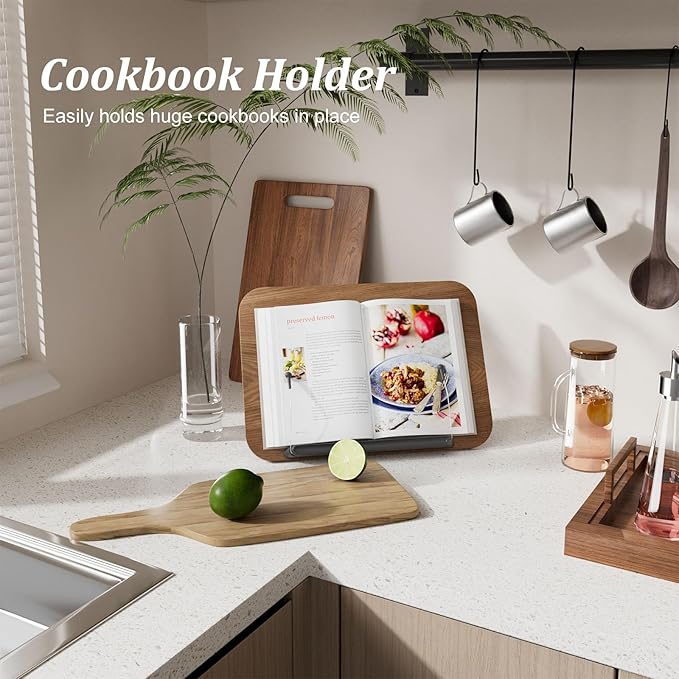 Book Stand for Reading, JaoNanl Adjustable Book Display Stand, Foldable Cookbook Stand with Elastic Page Clips, Multifunctional Display Stand for Office, Music Scores, Recipe, Tablet, Laptop