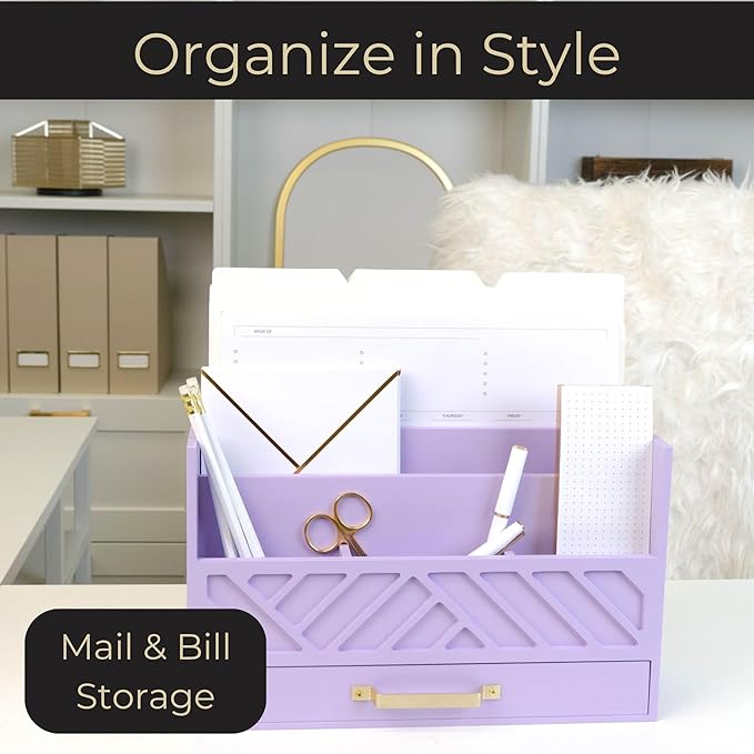 BLU MONACO Mail Organizer Countertop Kitchen - Purple Wood Desk Storage with Drawer - Mail Sorter or Bill Holder for Desk - Farmhouse Accessories & Mail Basket for Counter