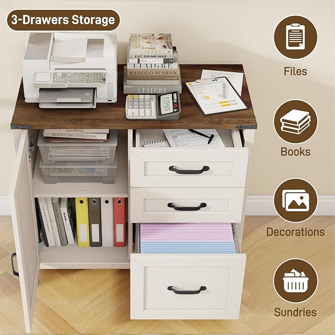 Lateral File Cabinet with 3 Drawers, Farmhouse File Cabinet for Letter/A4 Size Hanging Files, Large Wood File Storage Cabinets Printer Stand for Home Office Furniture, Rustic White