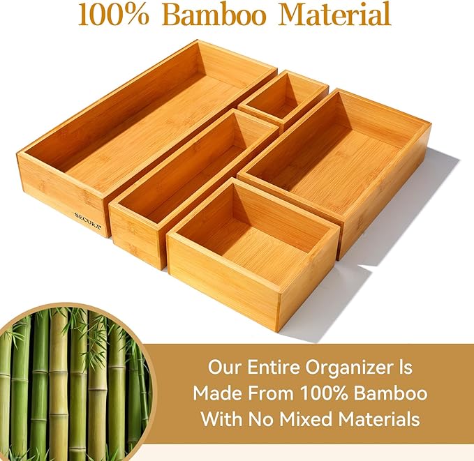Secura Kitchen Drawer Utensil Organizer Box Set 𝟱 𝗣𝗮𝗰𝗸, Bamboo Utensil Holder Cutlery Makeup Silverware Jewelry Flatware Organization Tray for Kitchen, Bathroom, Office and Living Room