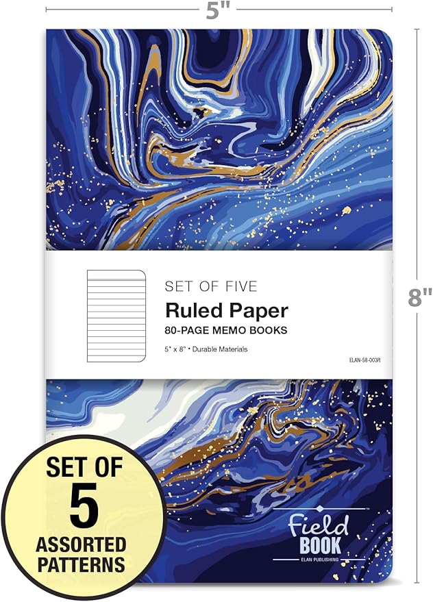 Elan Publishing Company Field Notebook/Journal - 5"x8" - Marble Covers - Lined Memo Book - Pack of 5