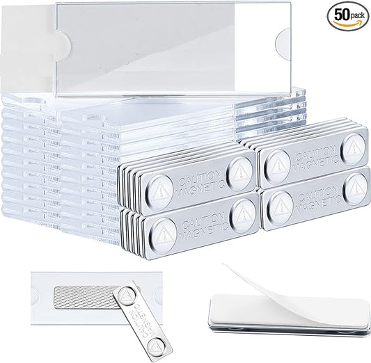 50 Pieces Magnetic Name Tags Kit Acrylic Name Badge Holders Clear Label Holders with Blank Printable Paper Inserts Magnets Custom Identity for Office
