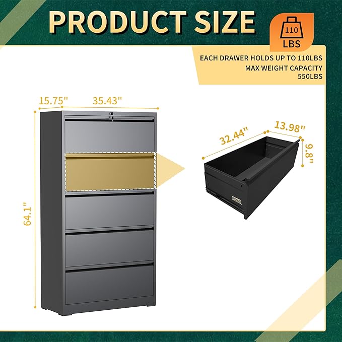 5 Drawer Lateral File Cabinet with Lock, Metal File Cabinets for Home Office, Steel Heavy-Duty Filing Storage Cabinet for Letters/Legal/A4 (Require Assembly, Black)