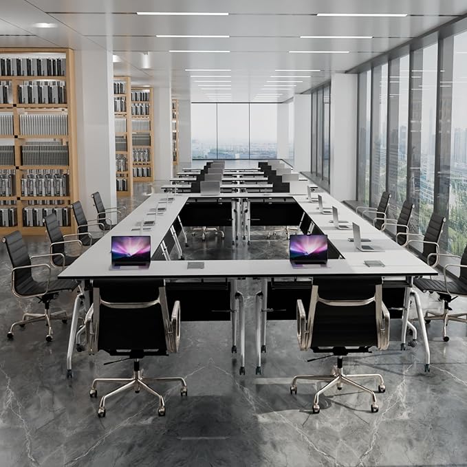 Conference Table, Folding Conference Room Tables, Mobile Training Tables with Silent Wheels, Large Rectangular Modular Seminar Table Office Computer Desks for Classroom White (10Pack L70.9in)