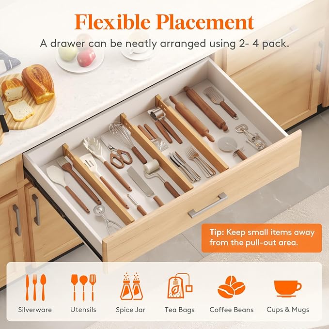 Lifewit 4 Pack Drawer Dividers Bamboo 2.4" High, 16-22" Adjustable Drawer Organizers for Clothes, Wooden Dresser Separators in Bedroom/Bathroom/Kitchen/Fridge/Office Organization and Storage