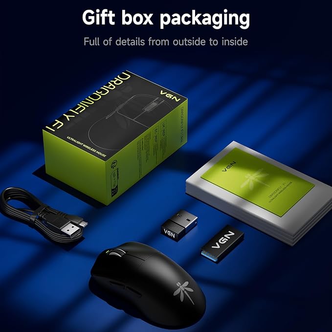 VGN F1 Pro Max Wireless Gaming Mouse - 55g Ultralight - 26000 Adjustable DPI - 1000Hz Polling Rate - 200h Battery - Wireless & Wired Mode - 6 Programmable Buttons - Professional Grade - USB-C - Black