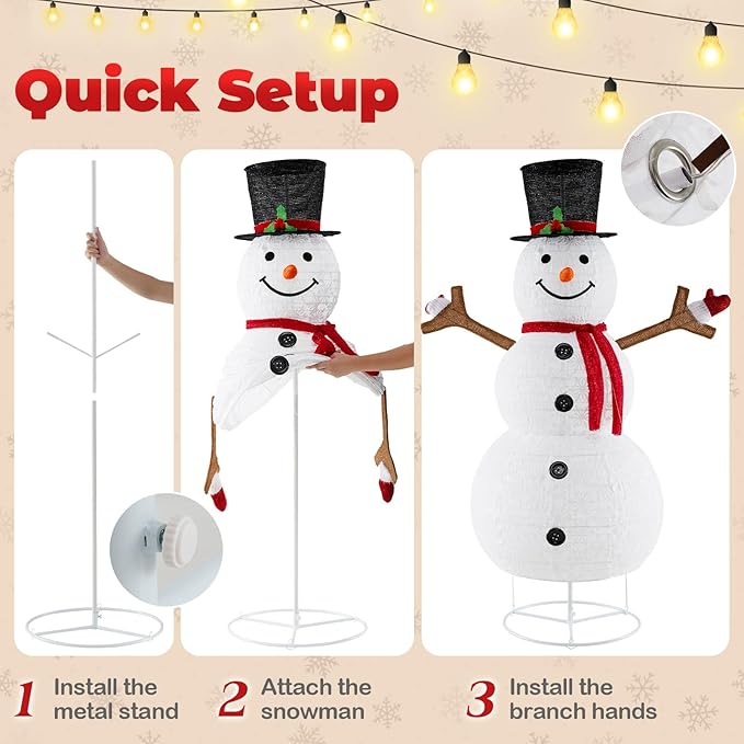 Tangkula 6 FT Pre-Lit Christmas Snowman w/Built-in Lights, Xmas Snowman w/Black Hat, Branch Hands & Snowflake Patterns, Zip Ties & Ground Stakes, Decorative Christmas Snowman for Yard, Garden