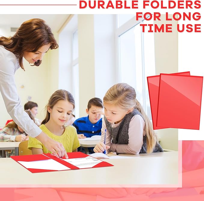 Henoyso 48 Pcs Plastic Folder with Clear Front Pocket and 3 Prongs Heavy Duty Plastic Folders with Card Slot Pocket Folders with Prongs for School Office Home(Red)