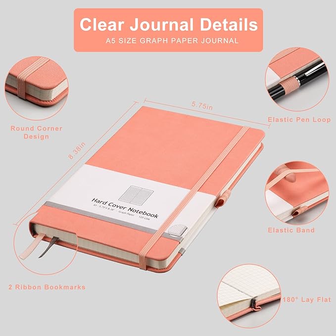 AHGXG Graph Paper Notebook 2 Pack - A5 Grid Paper Notebook/Journal Hardcover with 384 Pages, 120gsm Thick Graph Paper, Grid Paper for Math & Science Students 5.75'' × 8.38''