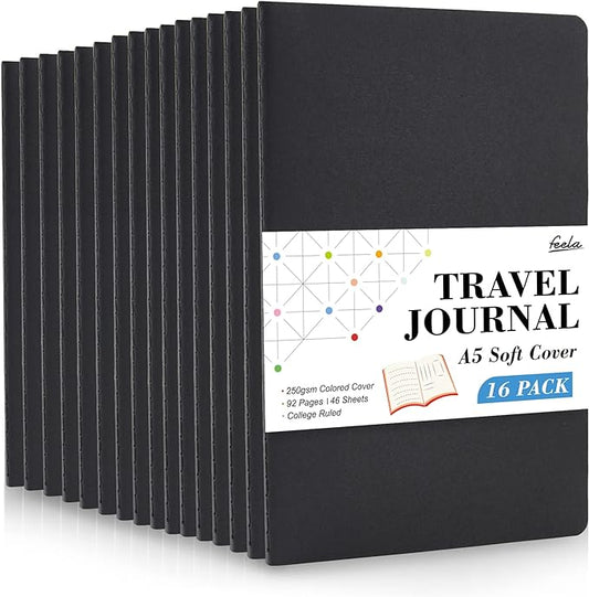 feela 16 Pack Soft Cover Journal Bulk, Lined Notebooks College Ruled for Work for Women Girl Writing, Blank Travel Journal Note Taking Notebook School Business Supplies, 8.2” x 5.5”, A5, Black