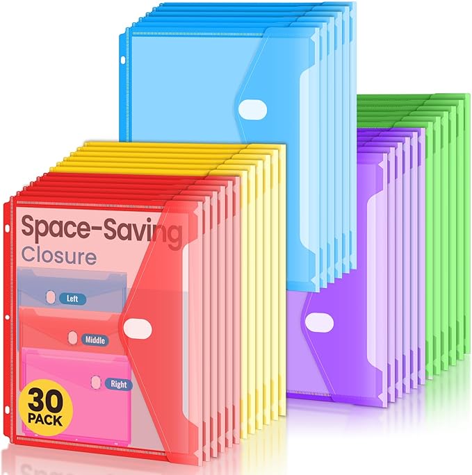 Sooez 30 Pack Binder Folders Organizer with Space-Saving Closure, Super Heavyweight Binder Pockets for 3 Ring Binders, High Capacity Binder Pouch, Side Loading, School Supplies, Letter Size, 5 Color
