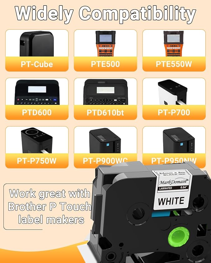 MarkDomain TZe-251 24mm Label Tape Compatible Brother P Touch TZe TZ Tape 24mm 0.94 Laminated White TZe-251 TZe251 TZ251 1 Inch for Ptouch PT-D600 PT-D610BT PTP700 PTP710BT Label Maker, 3-Pack