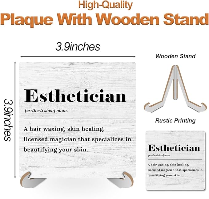 Esthetician Definition Wood Sign Desk Decor Rustic Esthetician Supplies Office Cubicle Decor Plaque with Wooden Stand Farmhouse Beauty Salon Desk Accessories for Home Table Shelf Centerpieces