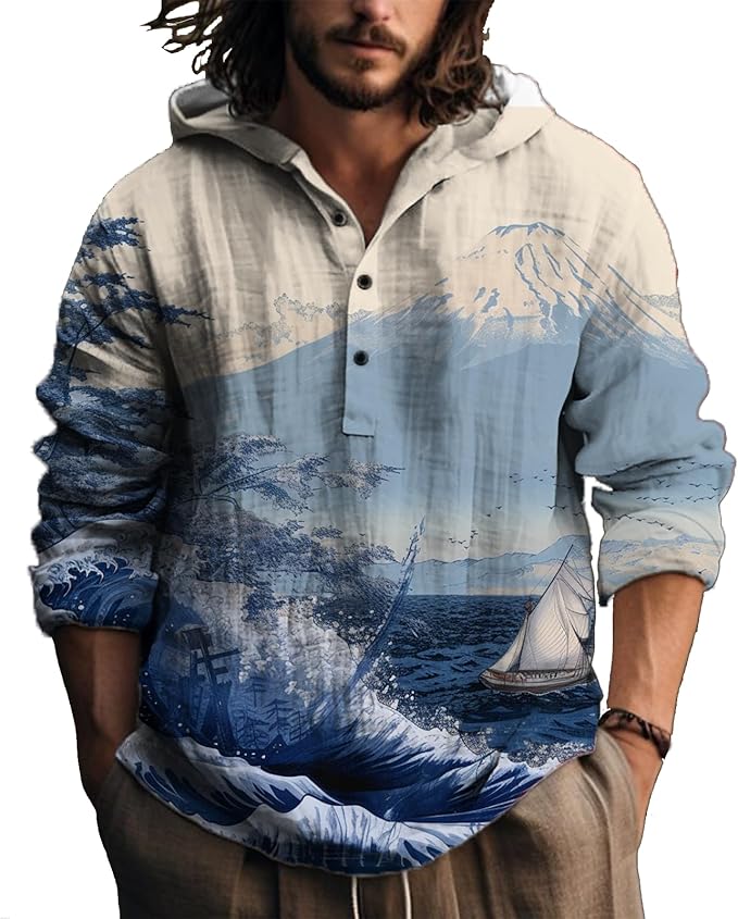 MARSVOVO Hooded Long Sleeve Shirt Men Fashion Graphic Button Up Lightweight Big and Tall Casual Vacation Shirts for Men