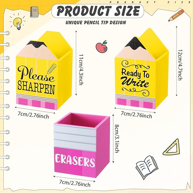 3 Pcs Sharp and Dull Pencil Holder Eraser Buckets Wooden Shaped Dispenser Finished Pen Holder No DIY for Back to School Teachers Classroom Management(Classic)
