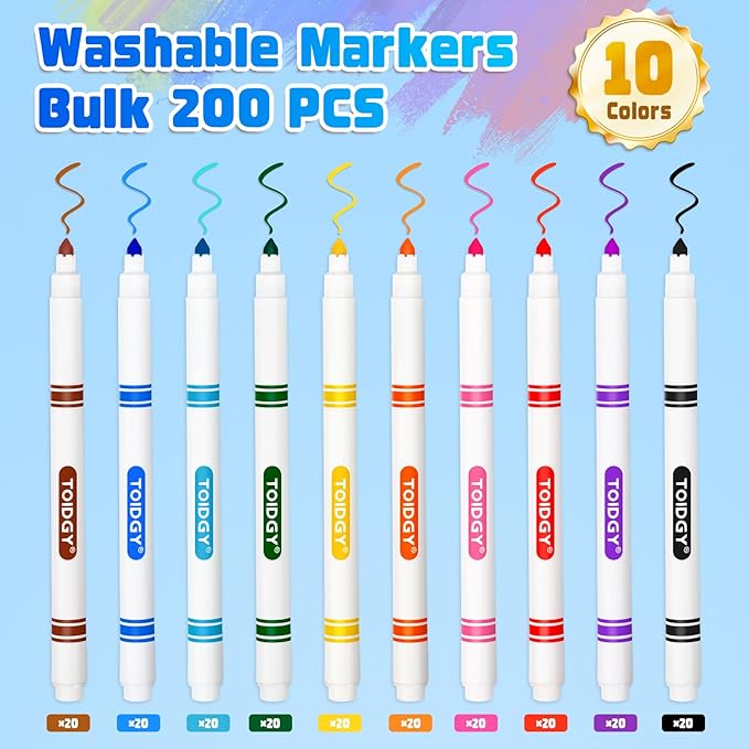 200 PCS Washable Markers for Kids, Colored Markers Bulk for School, Thin Marker Set in 10 Assorting Colors, Fine Line Marker with Conical Tip, Back to School Supplies, Classroom Must Haves