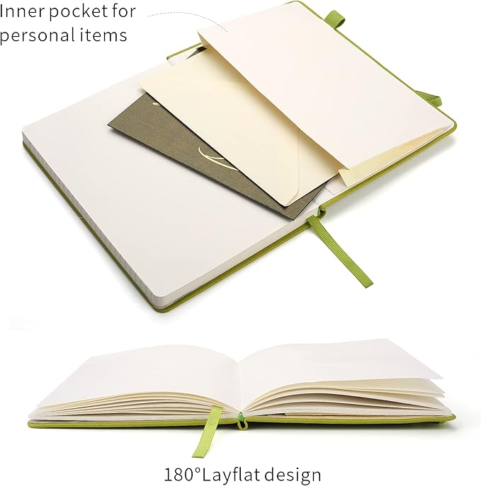 Deziliao Lined Journal Notebooks with Pen Loop, Hardcover Notebook Journal for Work, 100Gsm Premium Thick Paper with Inner Pocket, Medium 5.7"x8.4", （Green, Ruled）