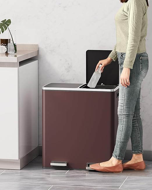 AthLike 60L(16 Gal) Dual Trash Can, Stainless Steel Kitchen Garbage Can, Double Compartment Classified Rubbish Bin, Recycle Dustbin w/Plastic Inner Buckets, Handle, Soft-Close Lid, Airtight, Brown