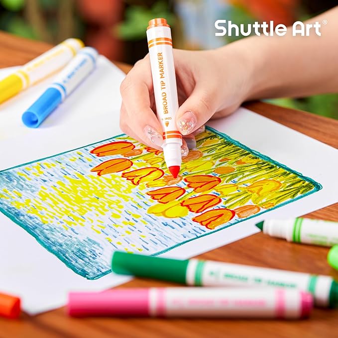 Shuttle Art 120 Count Washable Markers, 10 Assorted Colors Broad Line Conical Tip Large Markers Bulk with a Box, Home Classroom School Supplies for Toddlers Kids Adults Students Teachers