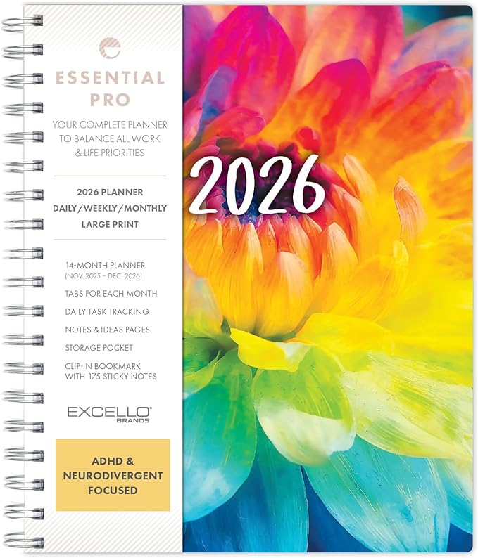 Essential PRO 2026 Daily, Weekly & Monthly Planner, 7"x9": 14 Months (Nov 2025 - Dec 2026) Monthly Tabs,Daily Tracking,Notes Pages,Storage Pocket,Bookmark w Sticky Notes (Rainbow Petals)