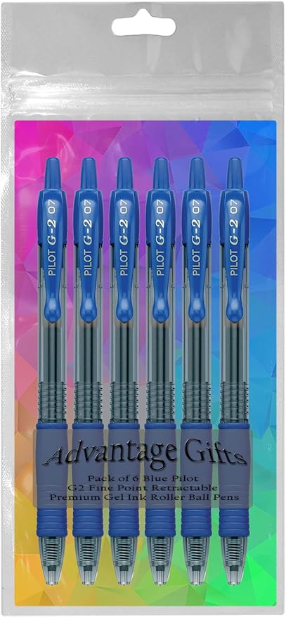 G2 Retractable Premium Gel Ink Roller Ball Pens Fine Point Fine Point (.7mm) Blue Ink 6-pk; Refillable & Premium Comfort Grip Bundle with Plastic Reusable Pouch