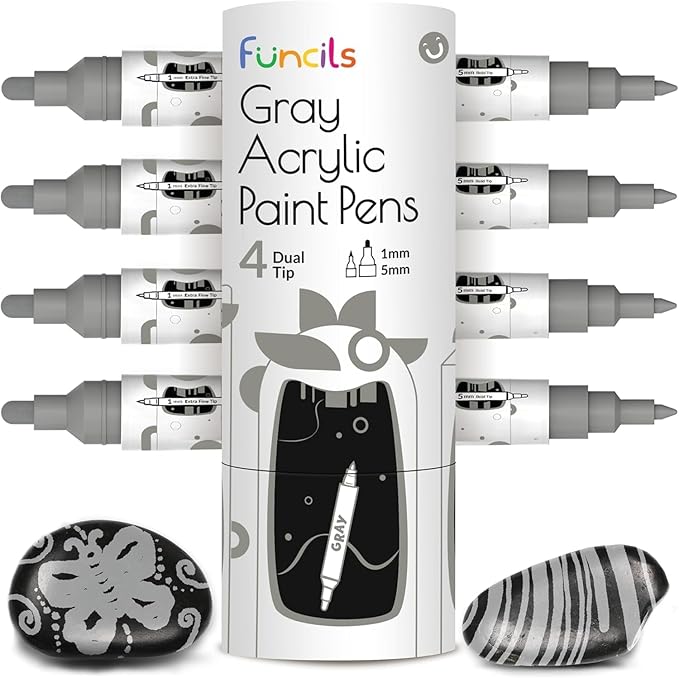 4 Dual Tip Gray Paint Pen Metallic - Fine Tip & Medium Acrylic Paint Markers - Gray Marker for Metal, Wood, Rock Painting, Canvas, Ceramic, Glass, Fabric, Leaf and Plastic - Water-based Ink
