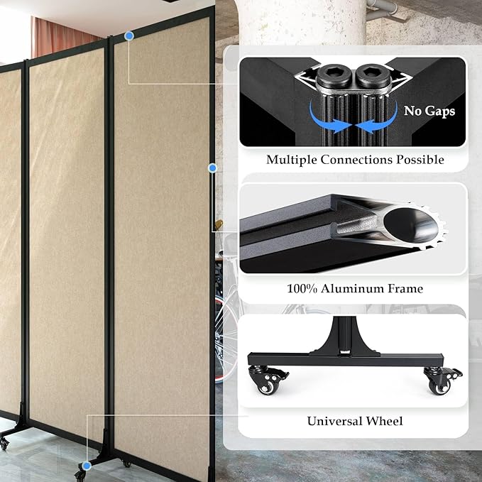 Upgrade Version Room Partition and Divider, Freestanding Rolling Dividers with Wheels,Office Privacy Screen Divider Wall,Classroom Felt Dividers,12'2"L* 6'7"H,6 Panel，Beige