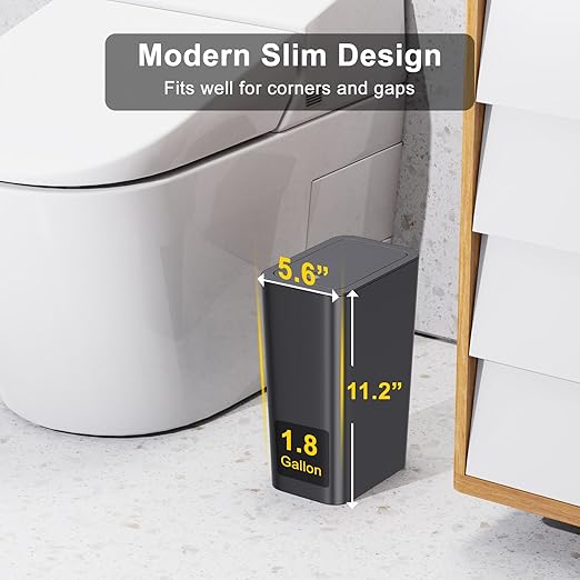 N. NETDOT 3 Pack Small Trash Can with lid, 1.8 Gallon Bathroom Trash Can,Garbage Can Slim Trash Bin Waste Basket for Bathroom,Kitchen,Bedroom,Living Room,Office,Laundry - Black