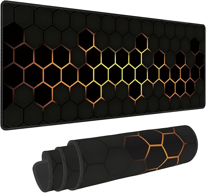 Hexagon Honeycomb Golden Large Mouse Pad, Gaming Desk Mat, XL Extended Keyboard Desk Pad, 31.5"x11.8" Non-Slip Rubber Base Big Mousepad with Stitched Edges for Home and Office