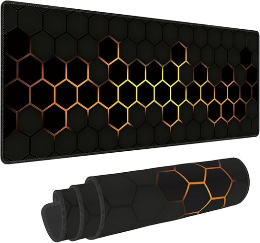 Hexagon Honeycomb Golden Large Mouse Pad, Gaming Desk Mat, XL Extended Keyboard Desk Pad, 31.5"x11.8" Non-Slip Rubber Base Big Mousepad with Stitched Edges for Home and Office