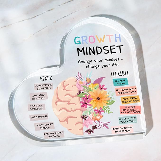 Growth Mindset Decor, Mental Health Therapy Office School Art Educational Challenging Thoughts Affirmation Decorations Positive Sayings Inspirational Gifts Acrylic Heart Inspirational Gift for Teacher