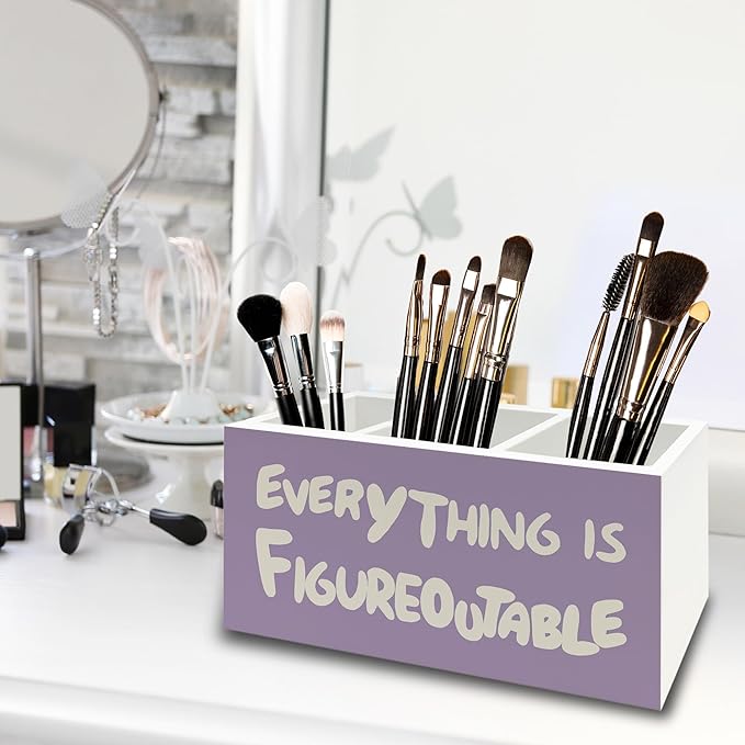 Purple Inspirational Pen Pencil Holder Organizer for Desk, Inspirational Gifts for Women, Everything Is Figureoutable Motivational Wooden Box Sign for Home Office Desk Tabletop Decorations