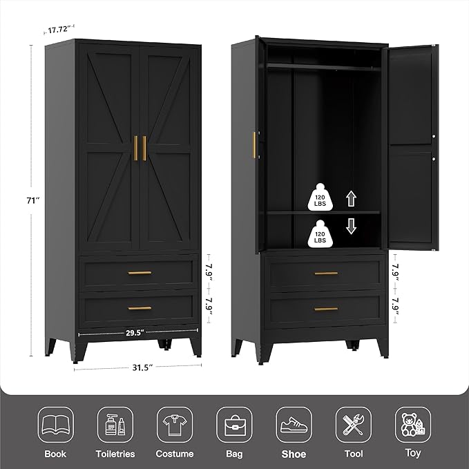 71" Tall Metal Wardrobe Cabinet with 2 Drawers and Hanging Rod, 2 Doors Armoire Wardrobe Closet with Shelf for Bedroom, Office, Laundry Room, Black